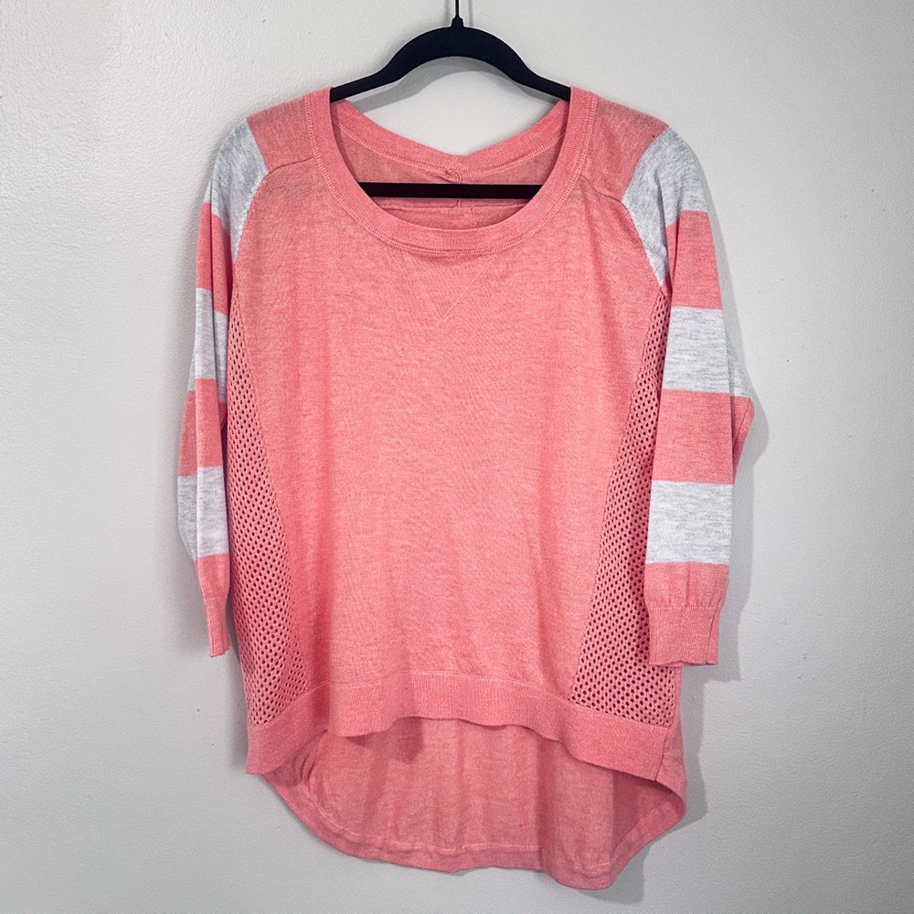 Coral Sweater with Striped Sleeves